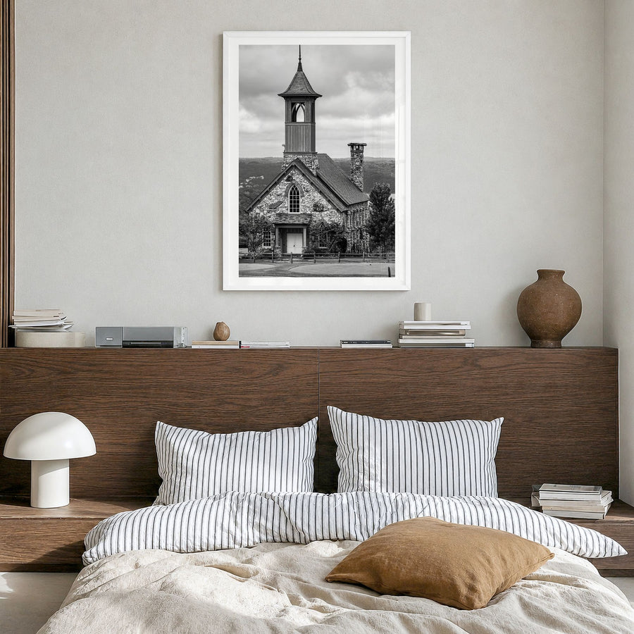 Branson Photo Poster in a white wood frame, hanging in a bedroom, white border