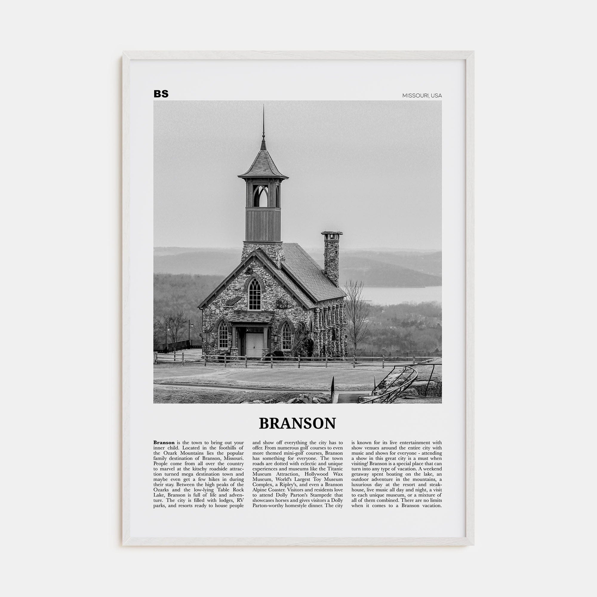 Branson Poster White Wood / 8x12 in Nbourhood Travel B&W Poster