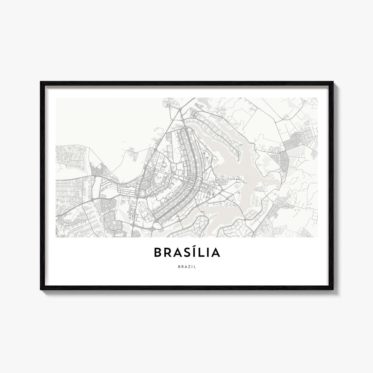 Brasília black & white map poster of Brazil – horizontal wall art, unframed print shown in interior mockup