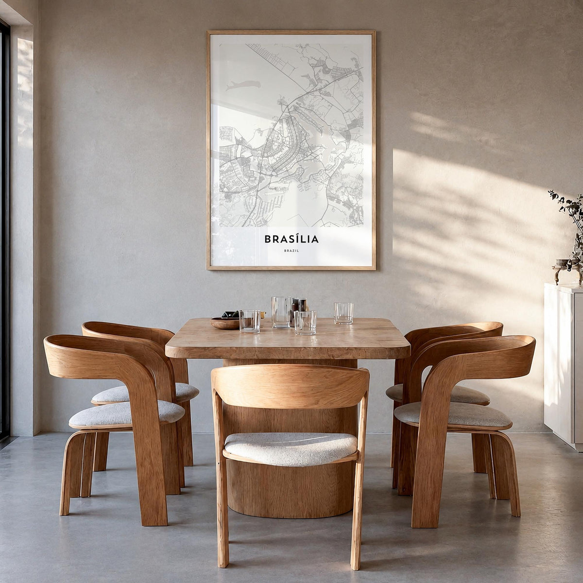 Brasília black & white map poster of Brazil – vertical wall art in natural wood frame, hanging on wall