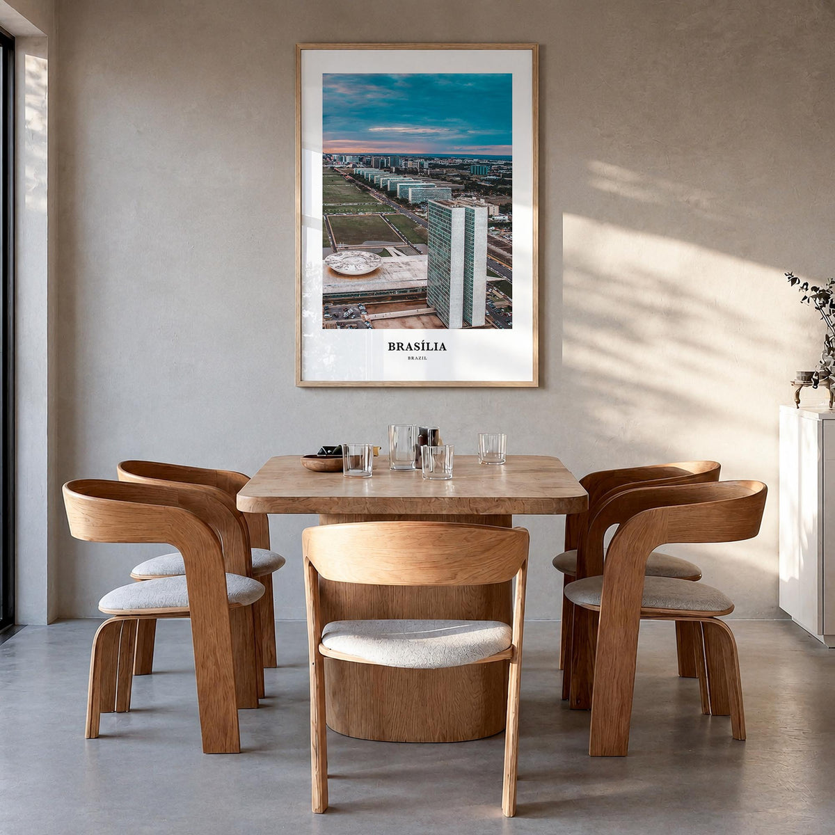 Brasília colorful classic poster of Brazil – vertical wall art in natural wood frame, hanging on wall