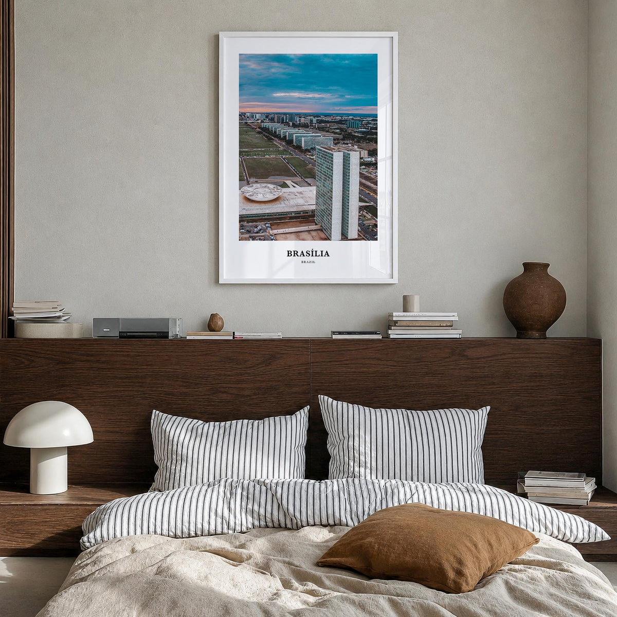 Brasília colorful classic poster of Brazil – vertical wall art in white wood frame, hanging on wall