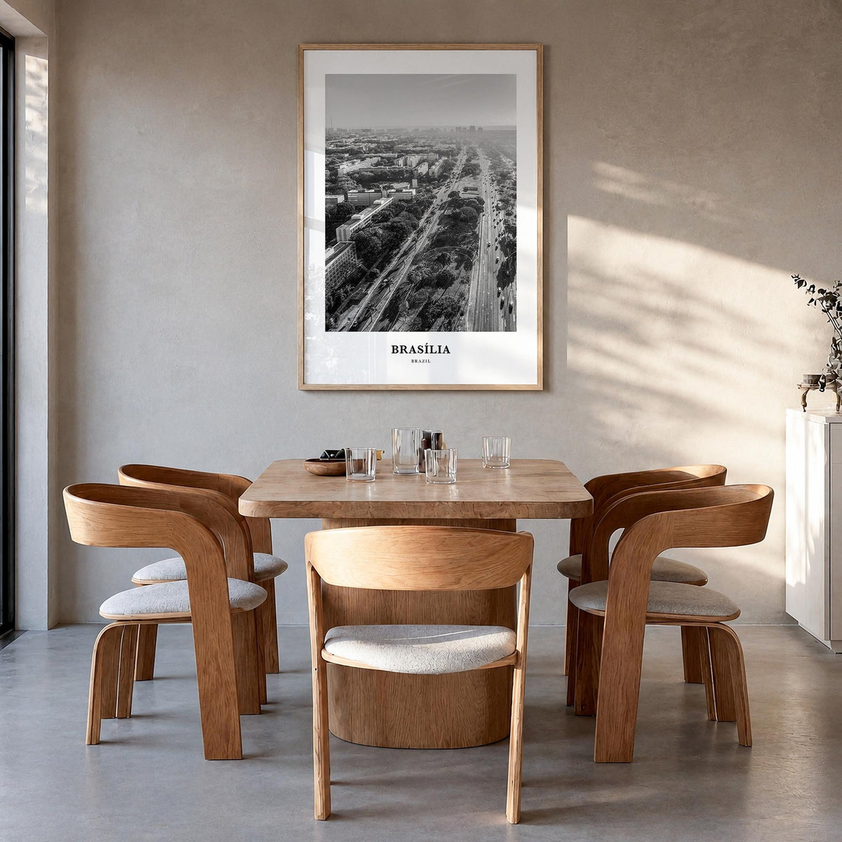 Brasília no. 1 black & white classic poster of Brazil – vertical wall art in natural wood frame, hanging on wall
