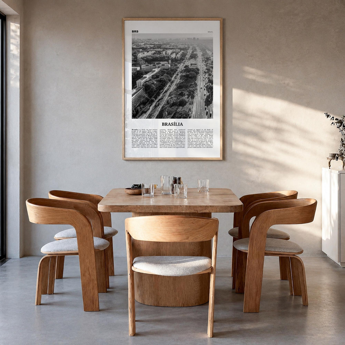 Brasília no. 1 black & white newspaper poster of Brazil – vertical wall art in natural wood frame, hanging on wall