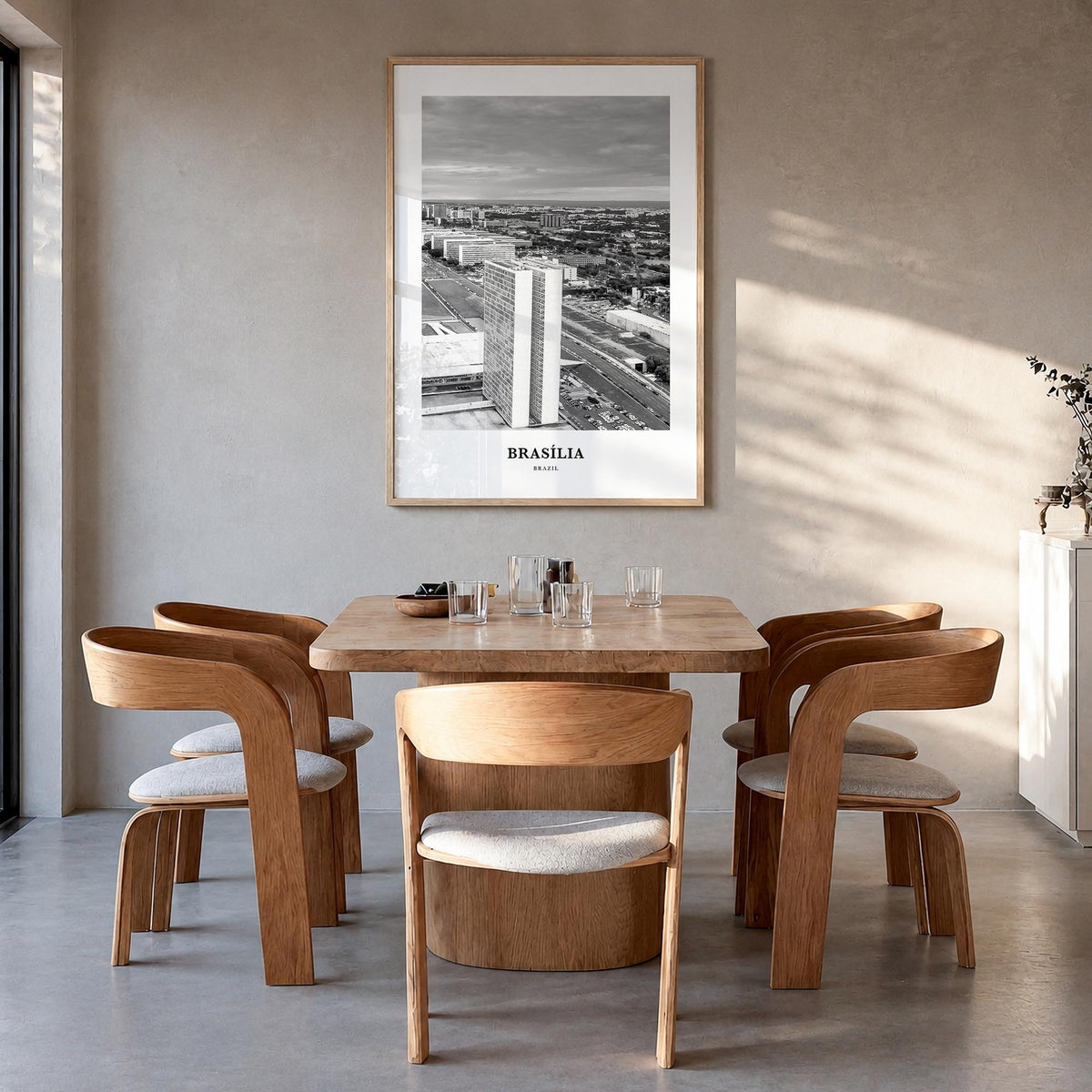 Brasília no. 2 black & white classic poster of Brazil – vertical wall art in natural wood frame, hanging on wall