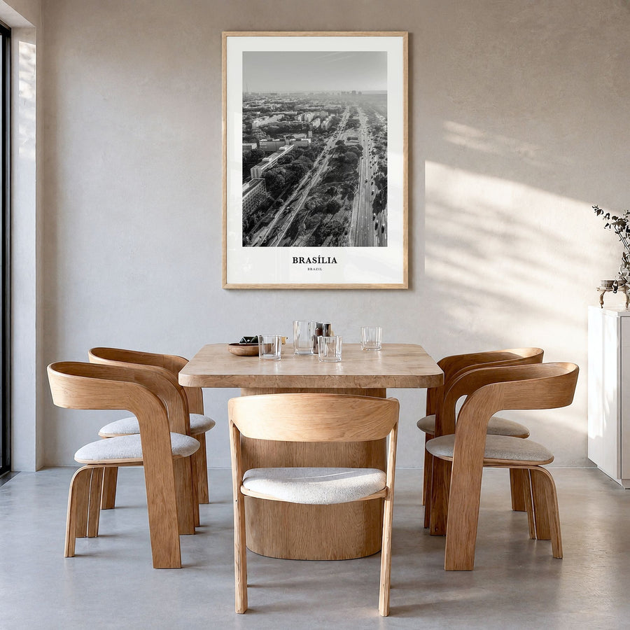 Brasília Classic No 1 Poster in a natural wood frame, hanging in a dining room