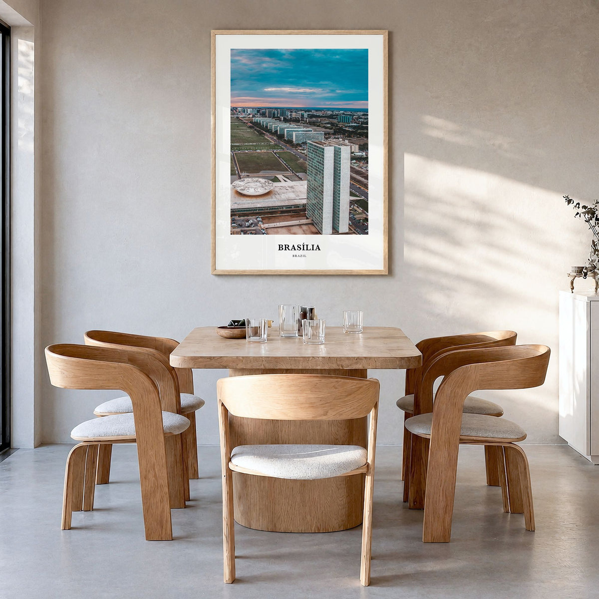 Brasília Classic Poster in a natural wood frame, hanging in a dining room