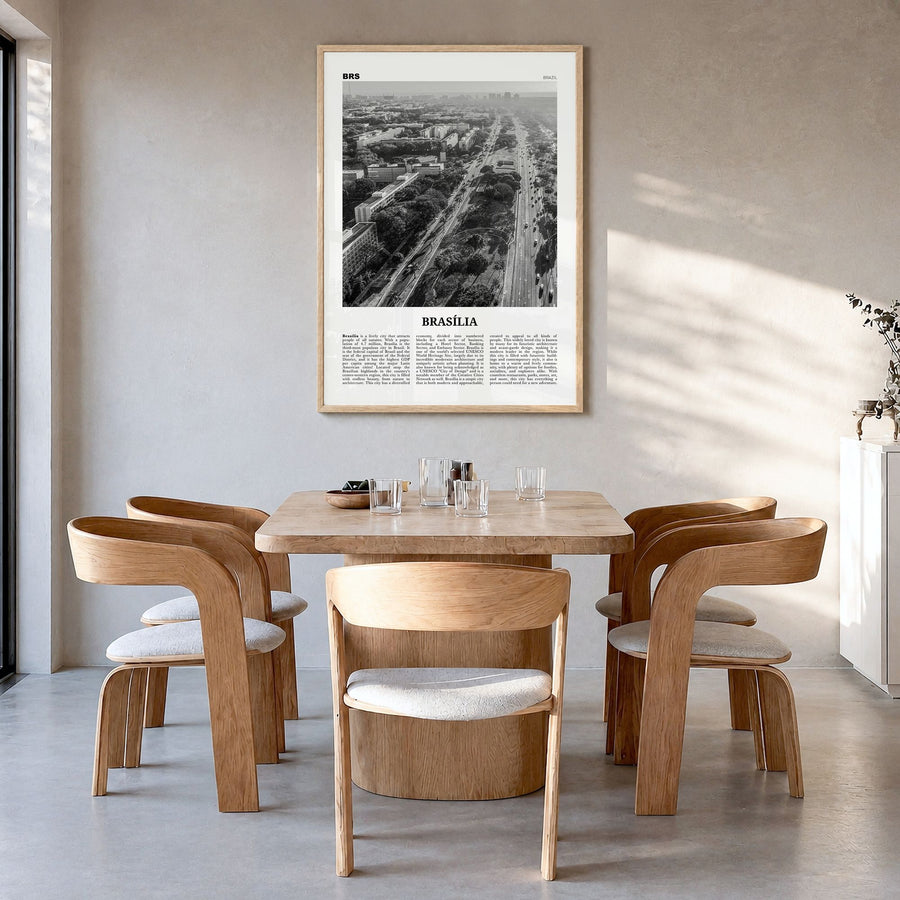 Brasília Newspaper No 1 Poster in a natural wood frame, hanging in a dining room