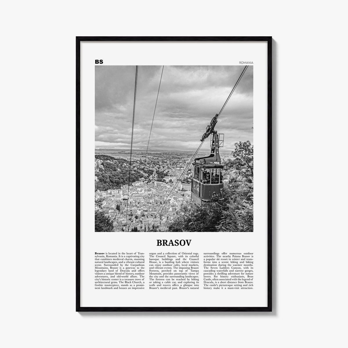 Brașov black & white newspaper poster of Romania – vertical wall art, unframed print shown in interior mockup