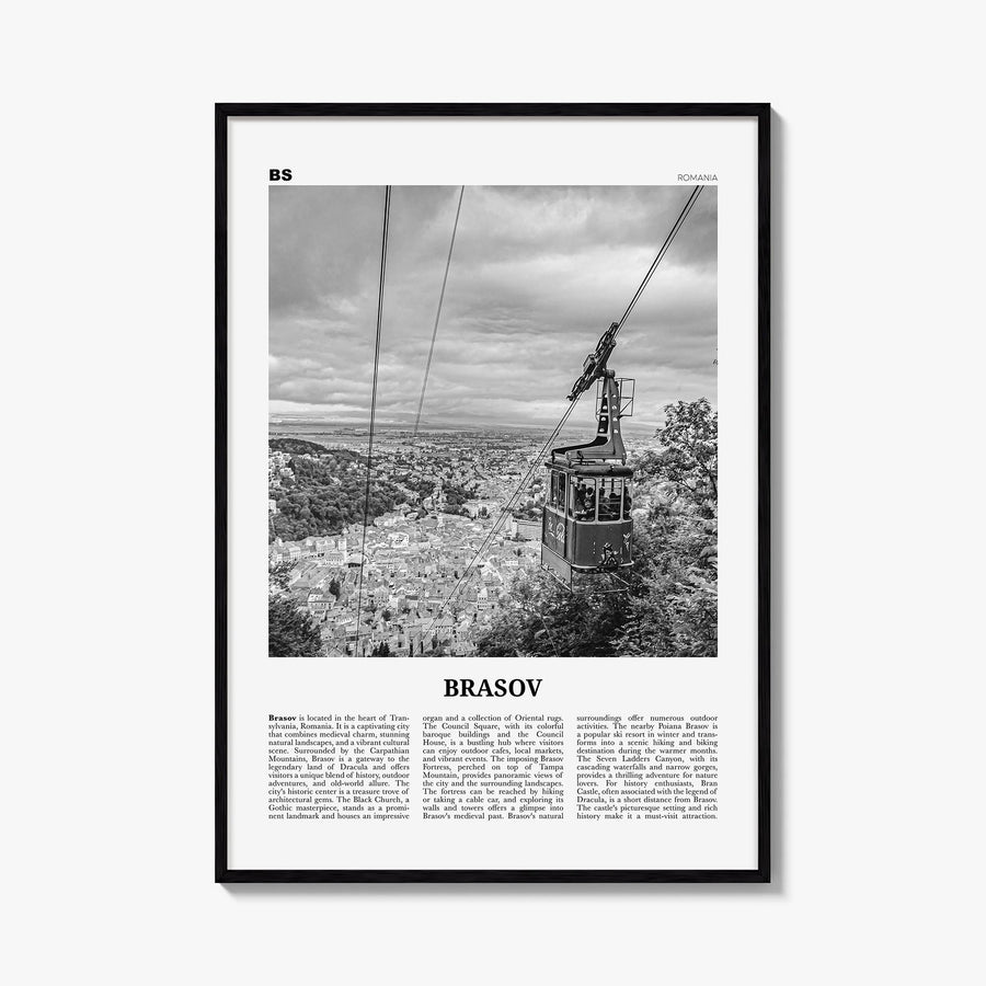 Brașov black & white newspaper poster of Romania – vertical wall art, unframed print shown in interior mockup