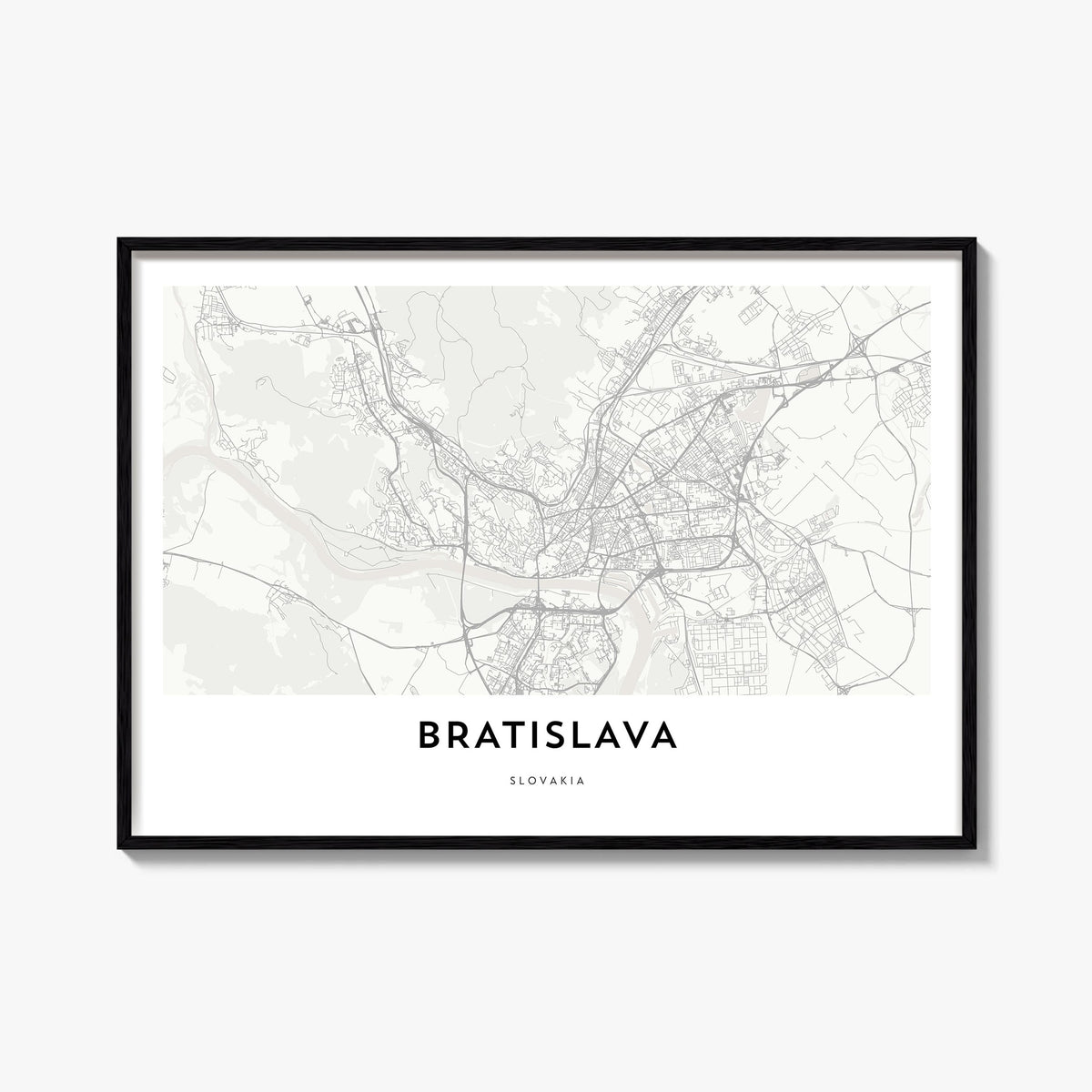 Bratislava black & white map poster of Slovakia – horizontal wall art, unframed print shown in interior mockup