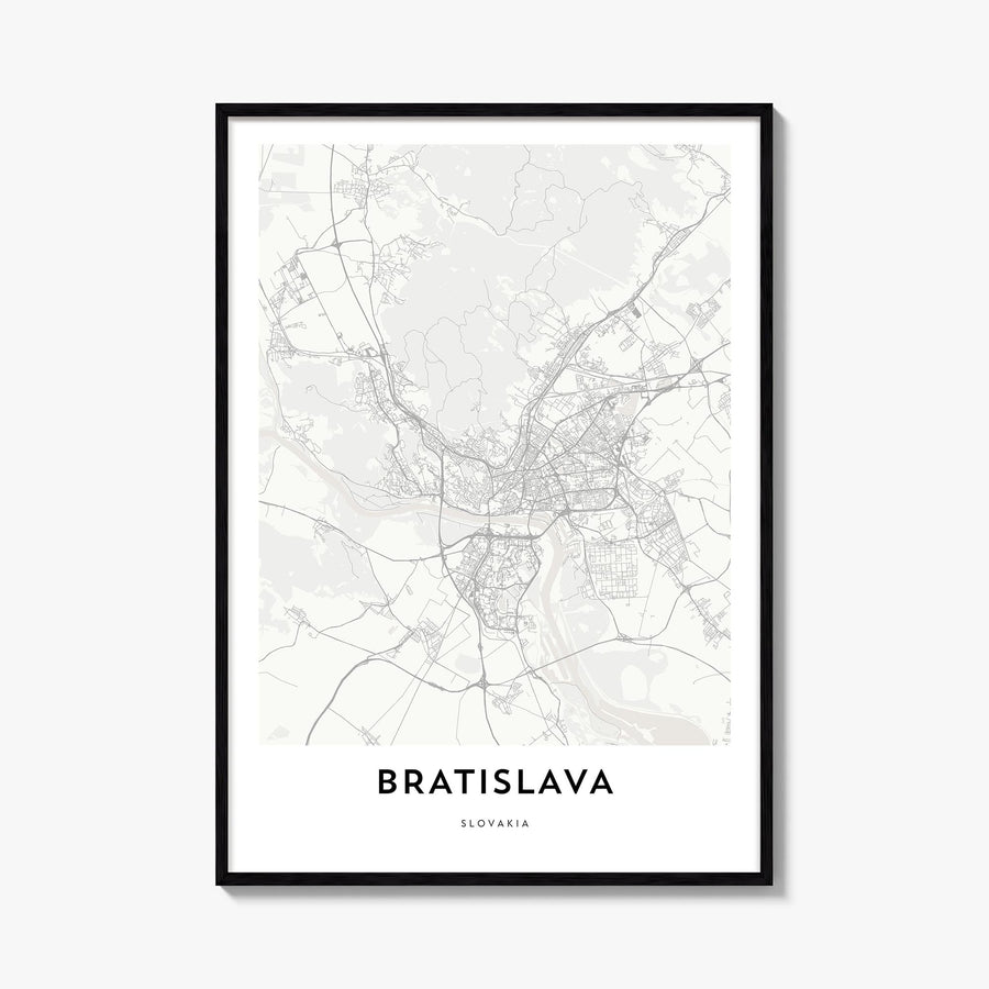 Bratislava black & white map poster of Slovakia – vertical wall art, unframed print shown in interior mockup