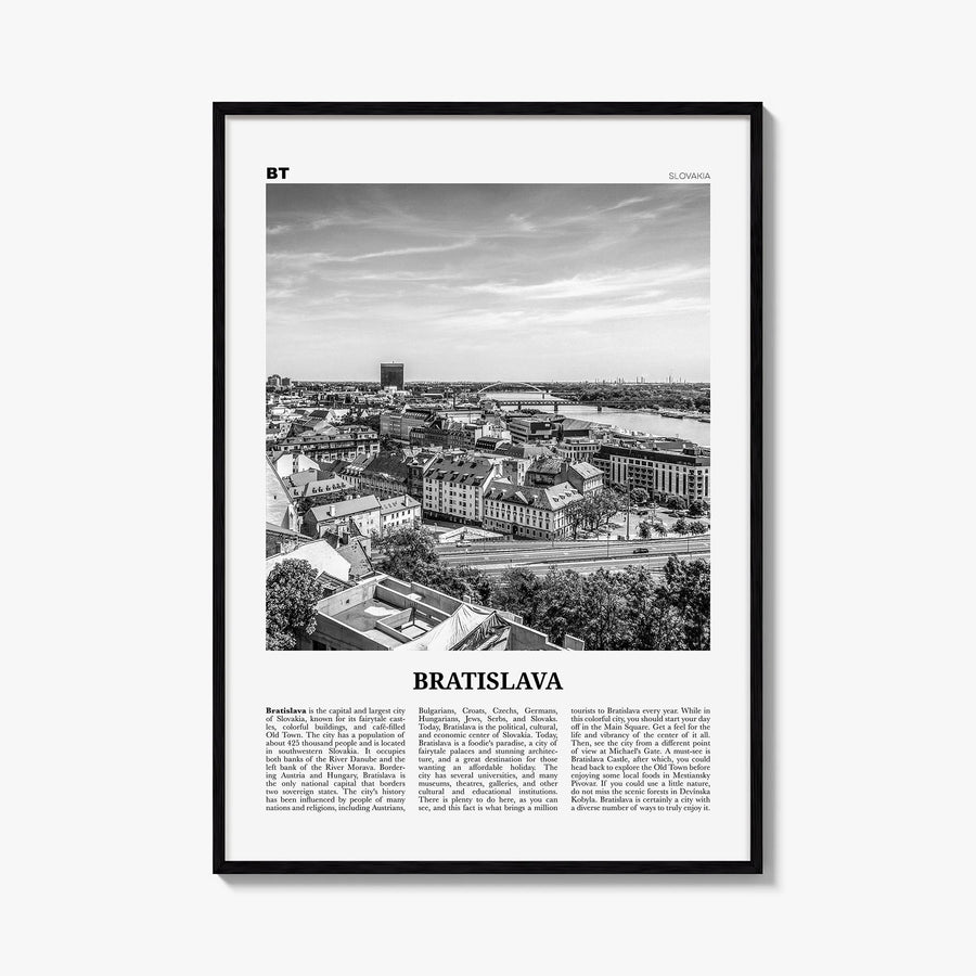 Bratislava black & white newspaper poster of Slovakia – vertical wall art, unframed print shown in interior mockup