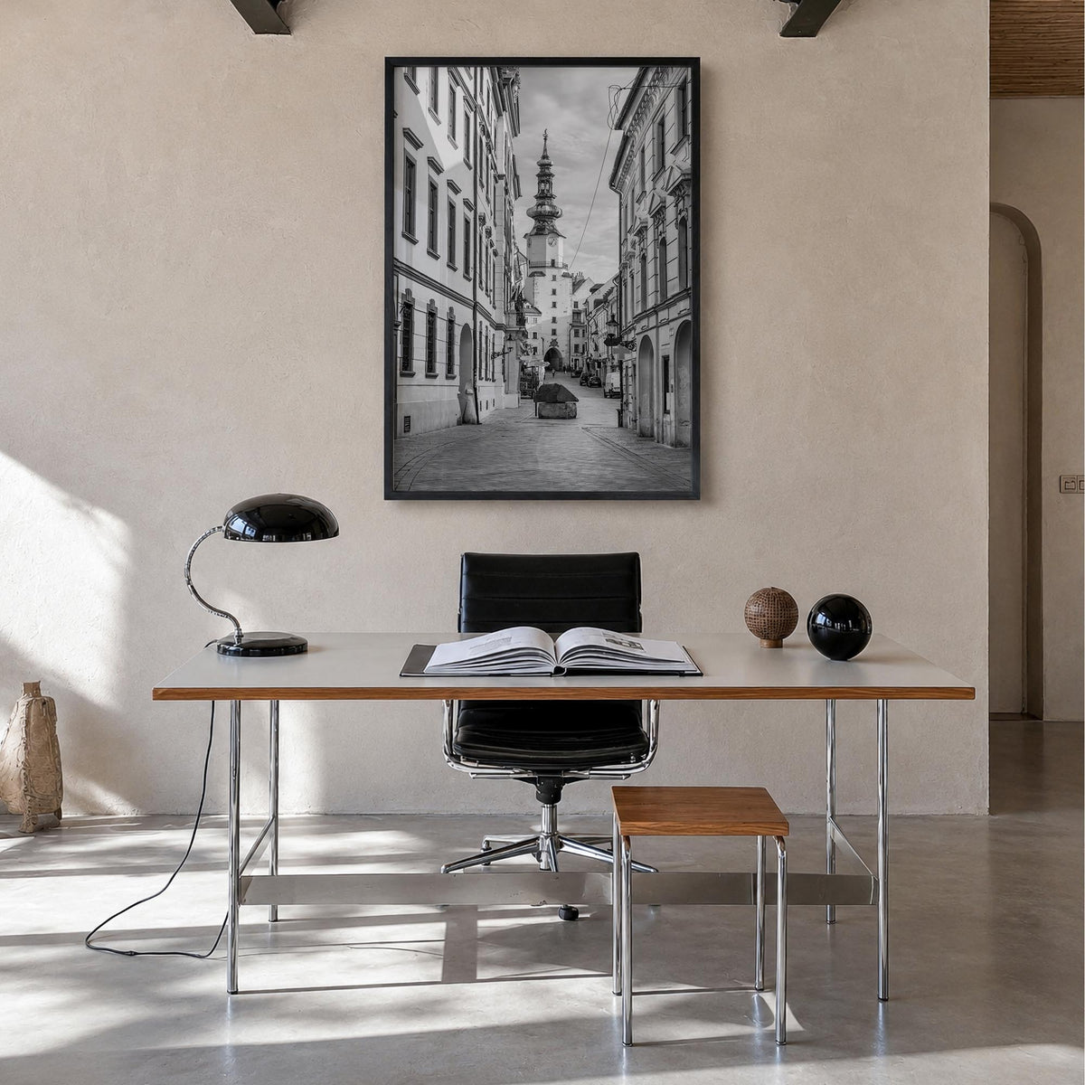 Bratislava black & white photo poster of Slovakia – vertical wall art in black wood frame, hanging on wall
