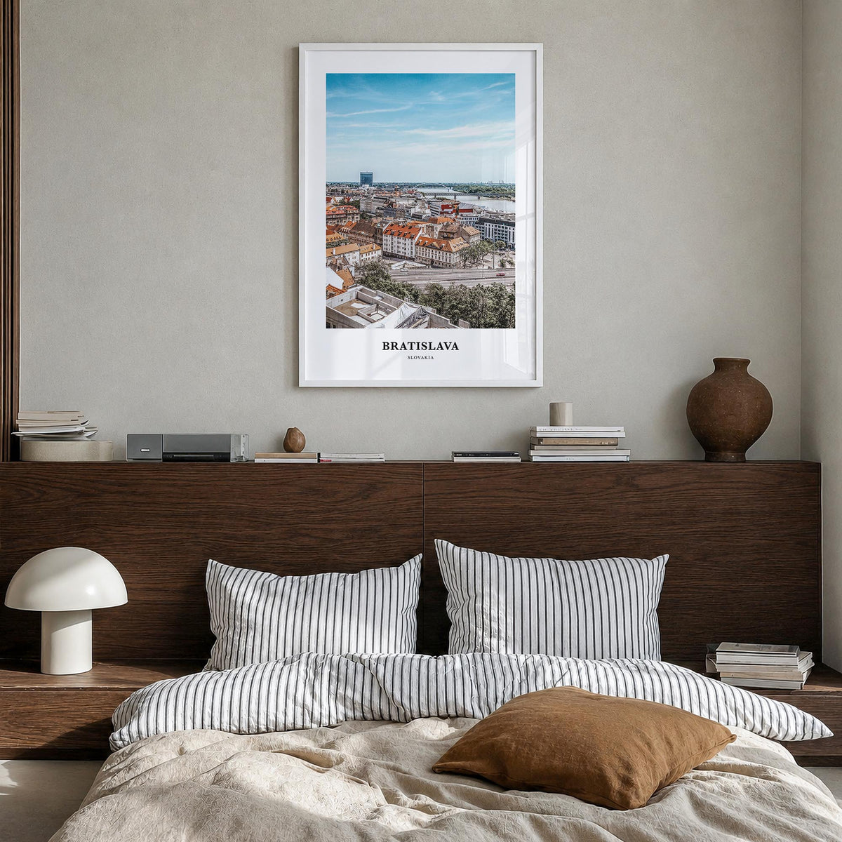 Bratislava colorful classic poster of Slovakia – vertical wall art in white wood frame, hanging on wall