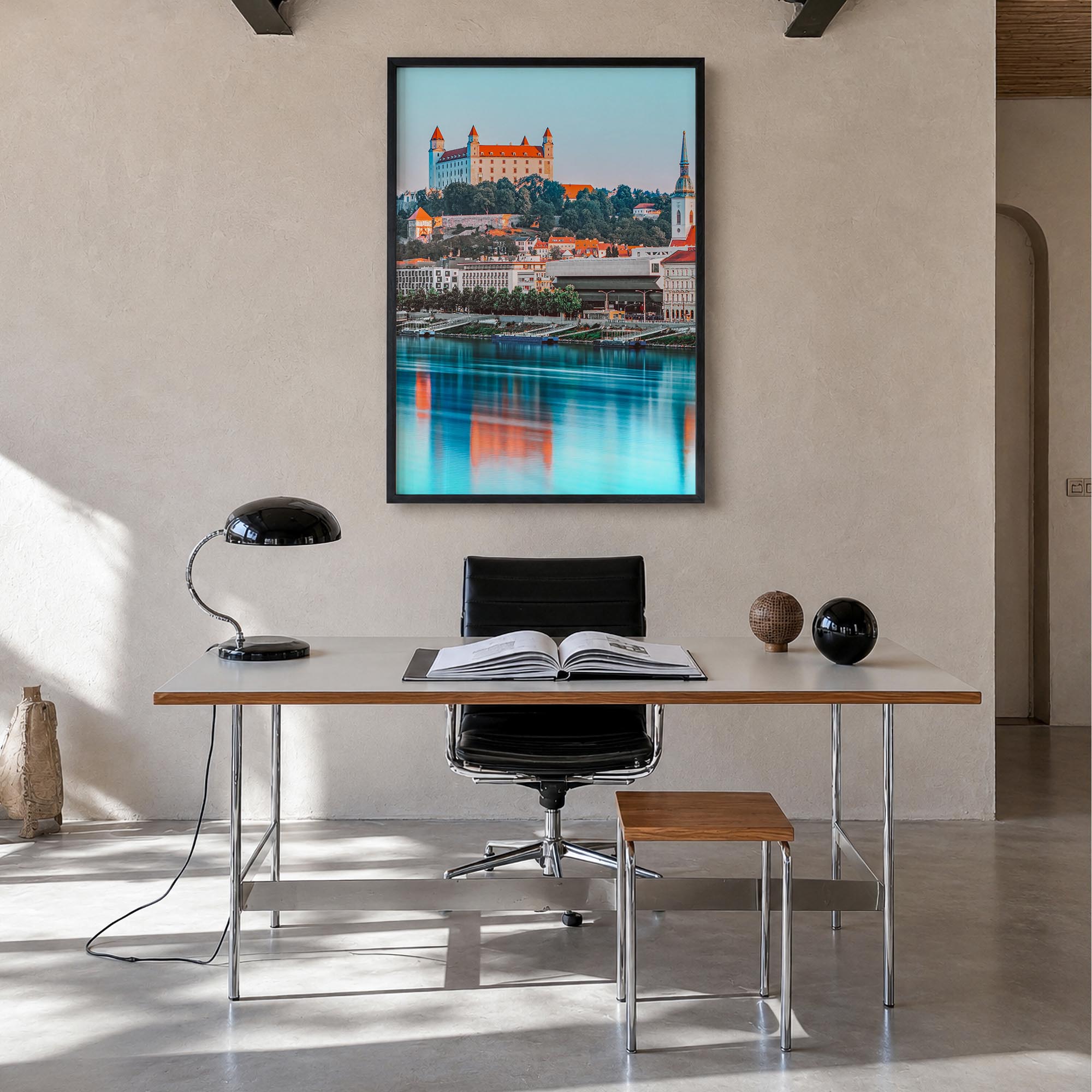 Bratislava colorful photo poster of Slovakia – vertical wall art in black wood frame, hanging on wall