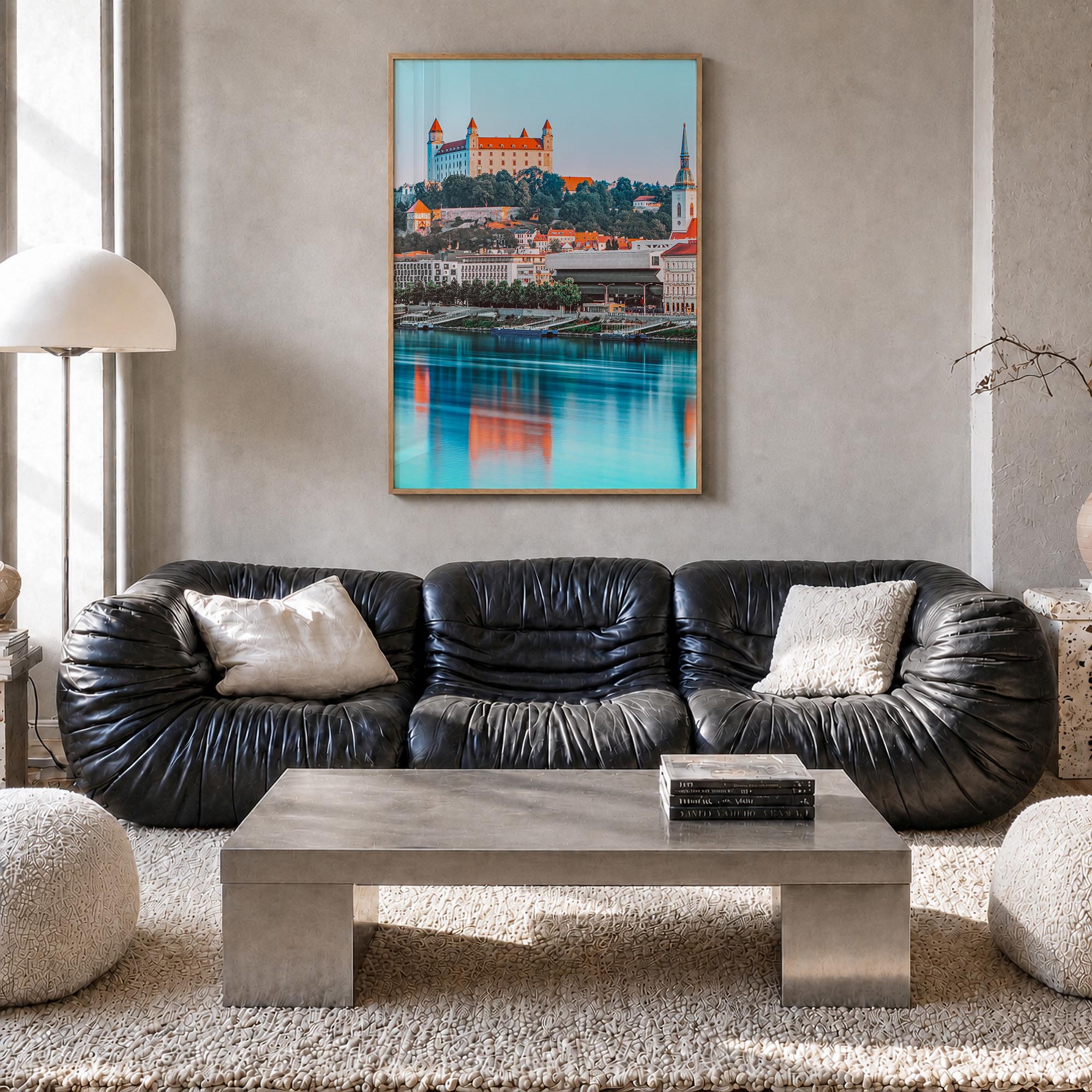 Bratislava colorful photo poster of Slovakia – vertical wall art in natural wood frame, hanging on wall