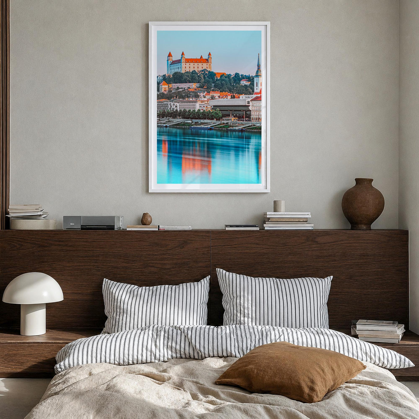 Bratislava colorful photo poster of Slovakia – vertical wall art in white wood frame with white border, hanging on wall