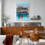 Bratislava colorful photo poster of Slovakia – vertical wall art in white wood frame, hanging on wall