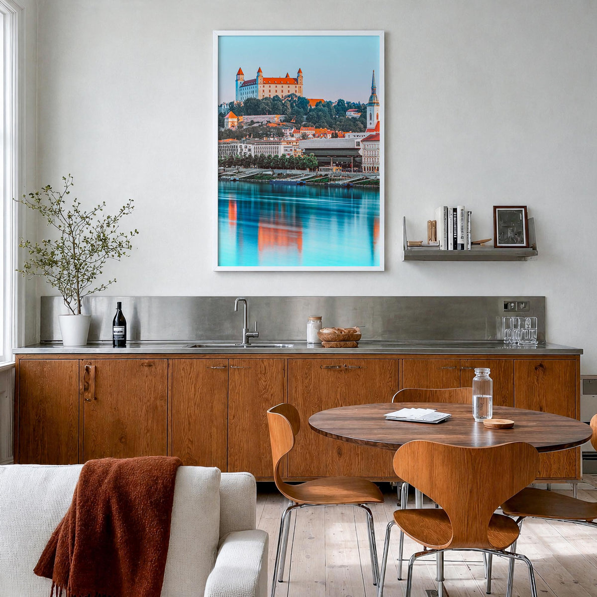 Bratislava colorful photo poster of Slovakia – vertical wall art in white wood frame, hanging on wall