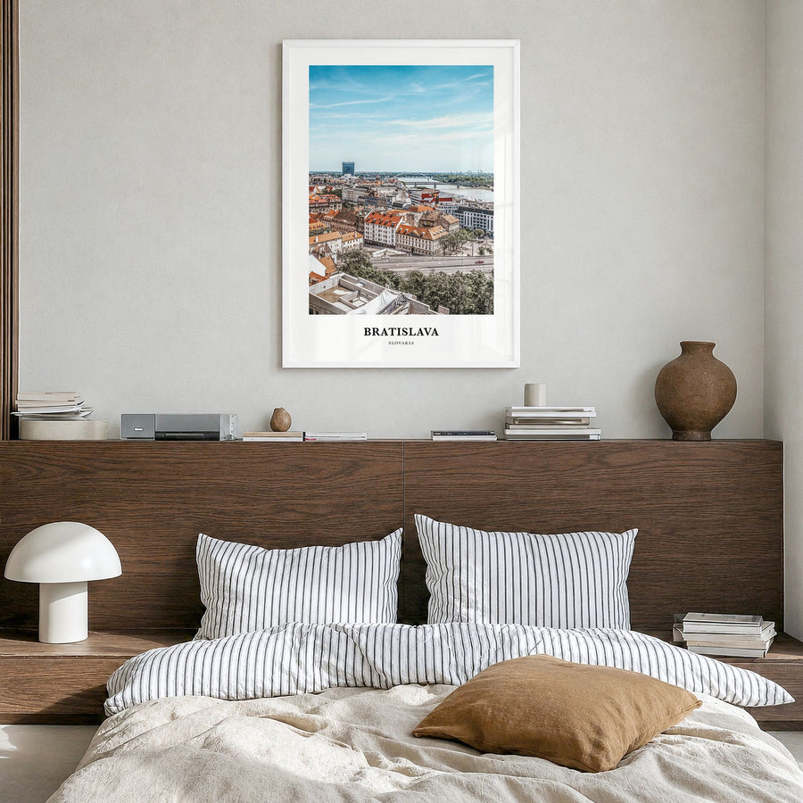 Bratislava Classic Poster in a white wood frame, hanging in a bedroom