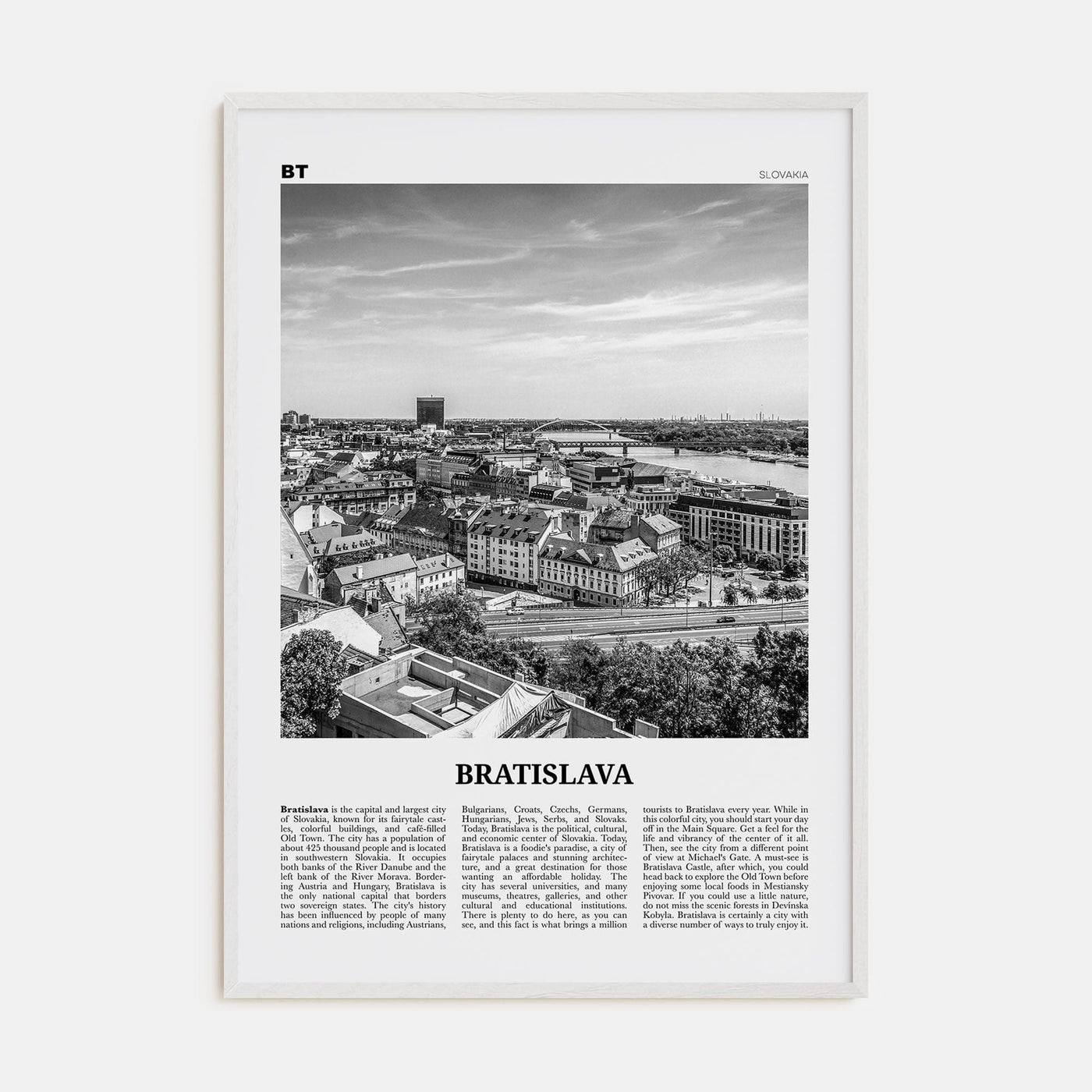 Bratislava Poster White Wood / 8x12 in Nbourhood Travel B&W Poster