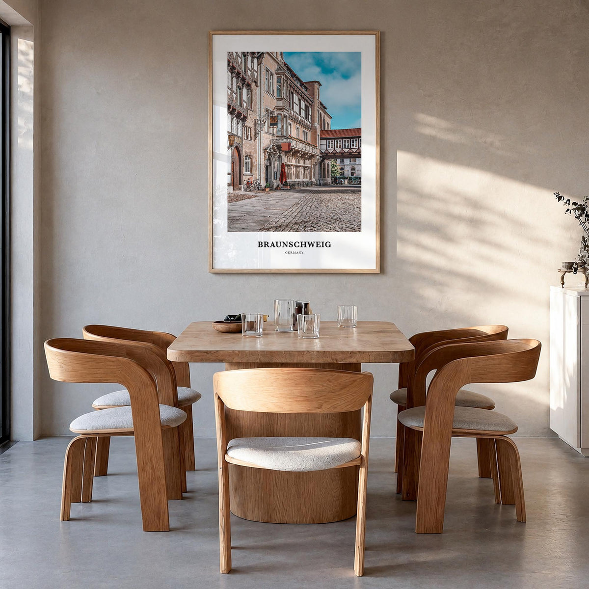 Braunschweig colorful classic poster of Germany – vertical wall art in natural wood frame, hanging on wall