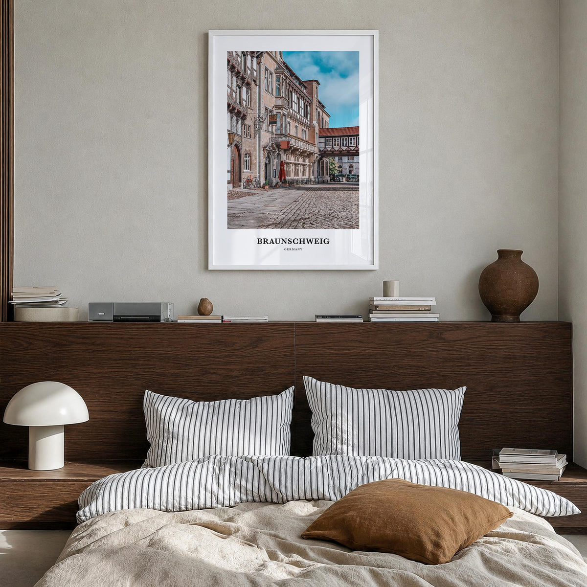 Braunschweig colorful classic poster of Germany – vertical wall art in white wood frame, hanging on wall