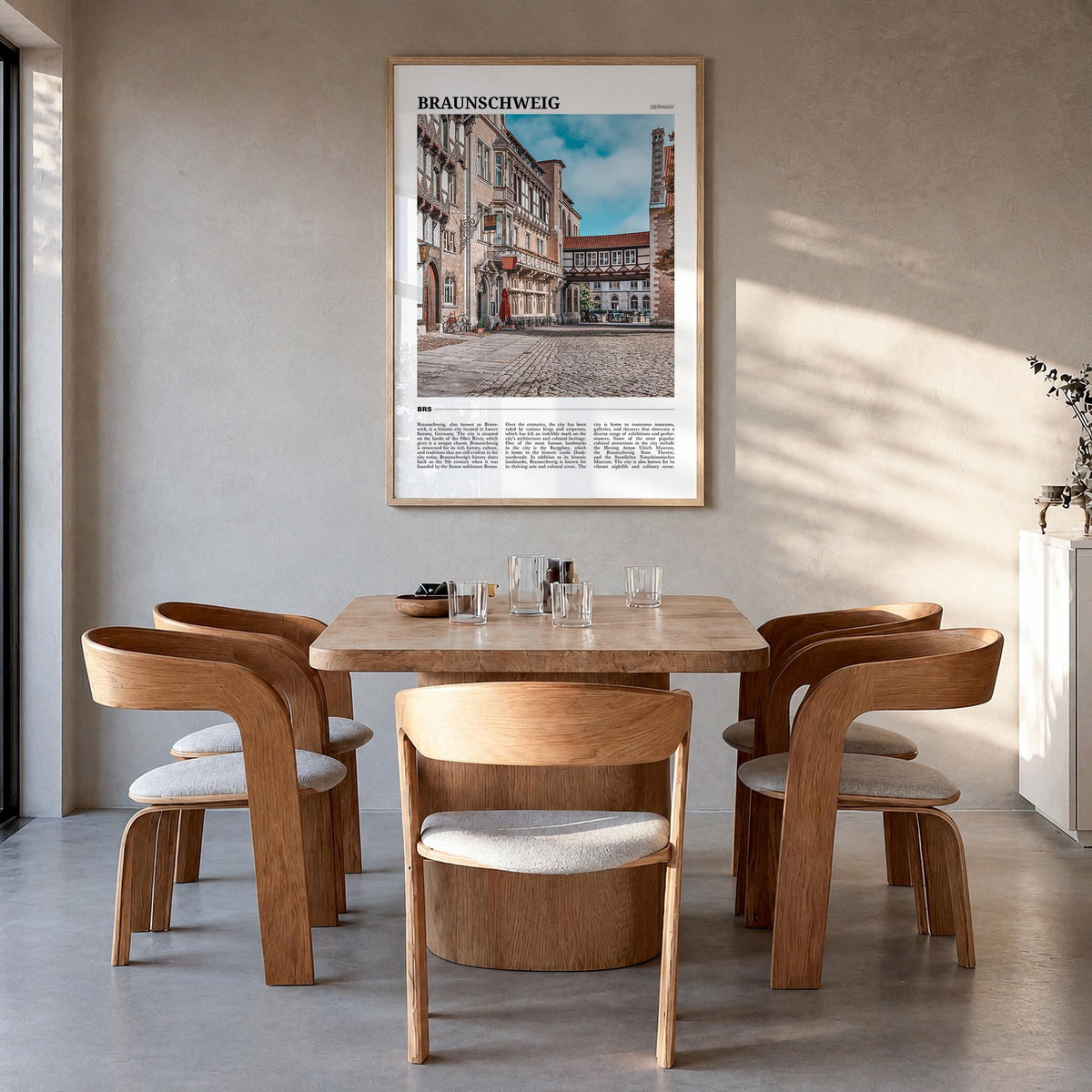Braunschweig colorful travel poster of Germany – vertical wall art in natural wood frame, hanging on wall