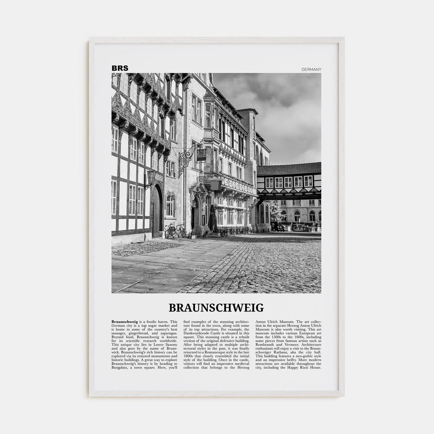 Braunschweig Poster White Wood / 8x12 in Nbourhood Travel B&W Poster