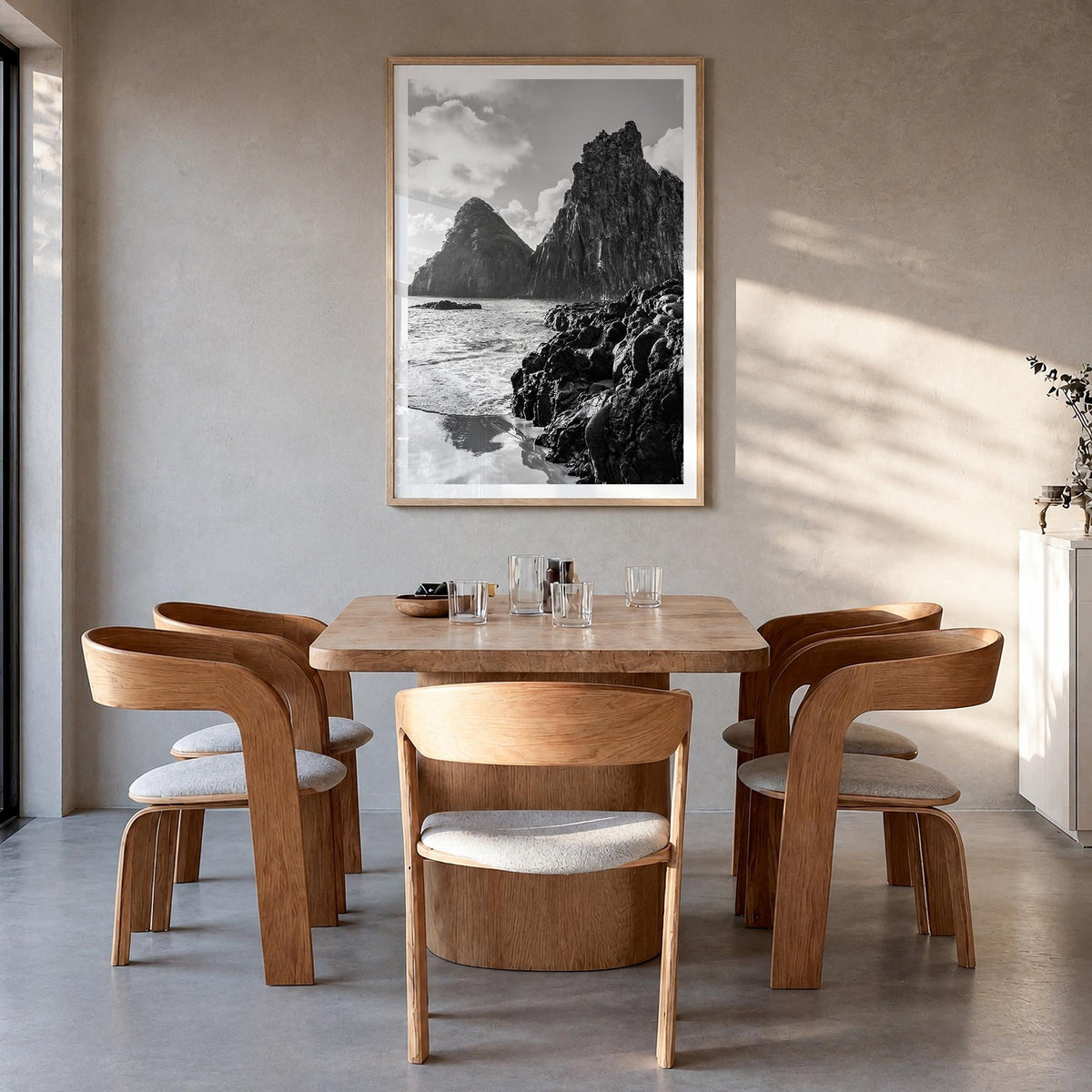 Brazil black & white photo poster of South America – vertical wall art in natural wood frame with white border, hanging on wa