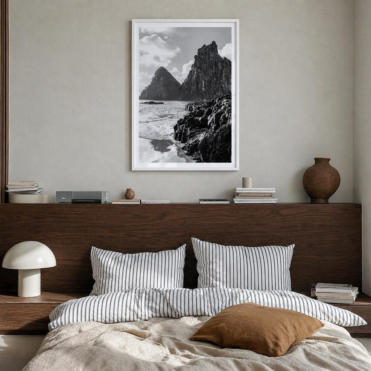 Brazil black & white photo poster of South America – vertical wall art in white wood frame with white border, hanging on wall