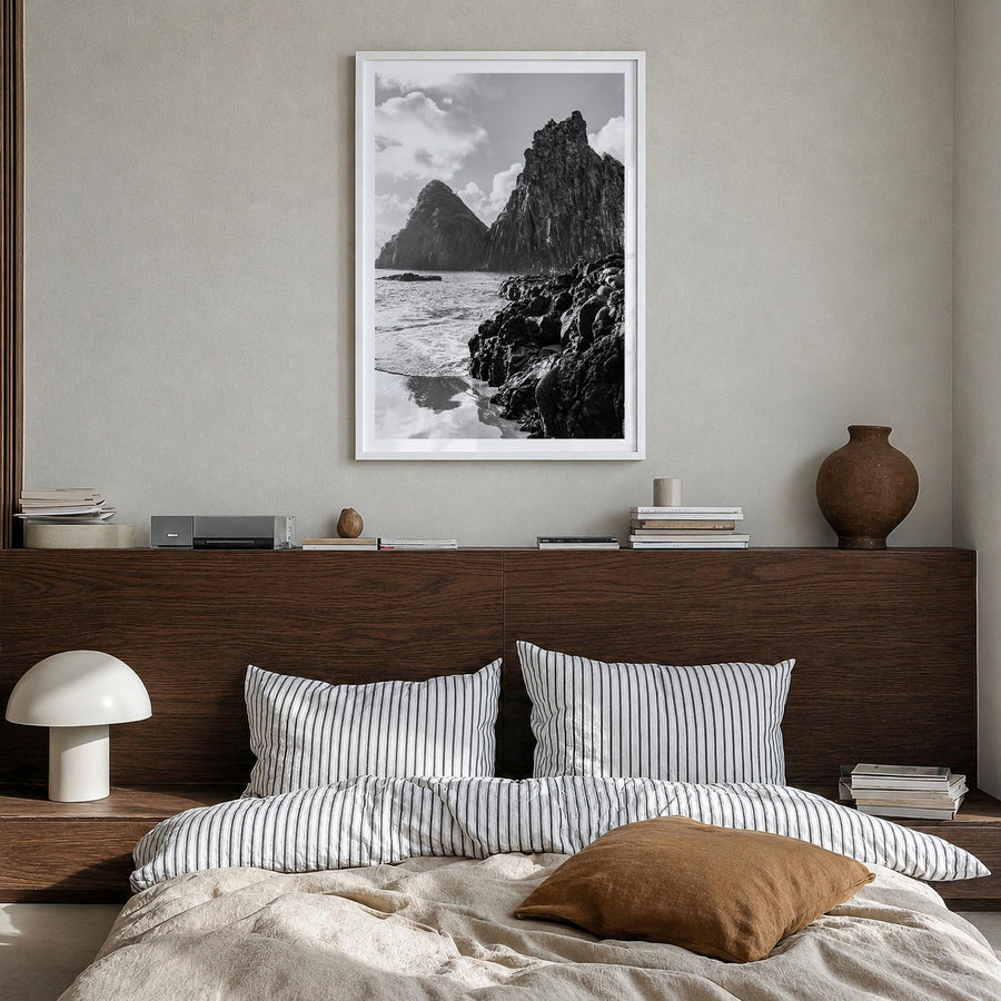 Brazil black & white photo poster of South America – vertical wall art in white wood frame with white border, hanging on wall