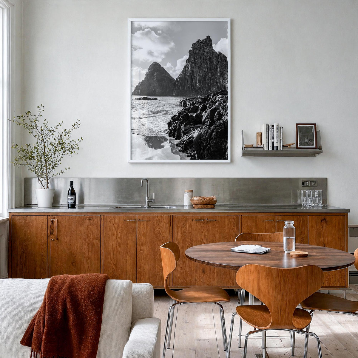 Brazil black & white photo poster of South America – vertical wall art in white wood frame, hanging on wall