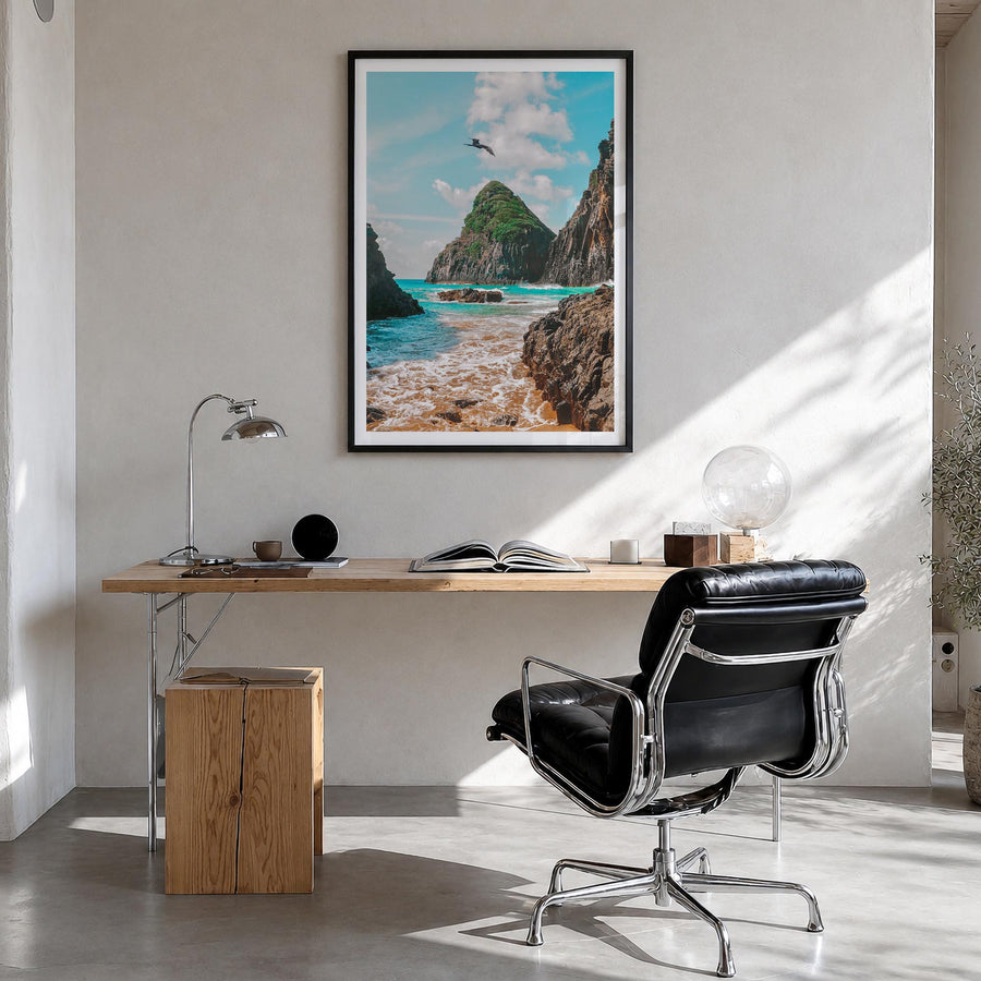 Brazil colorful photo poster of South America – vertical wall art in black wood frame with white border, hanging on wall