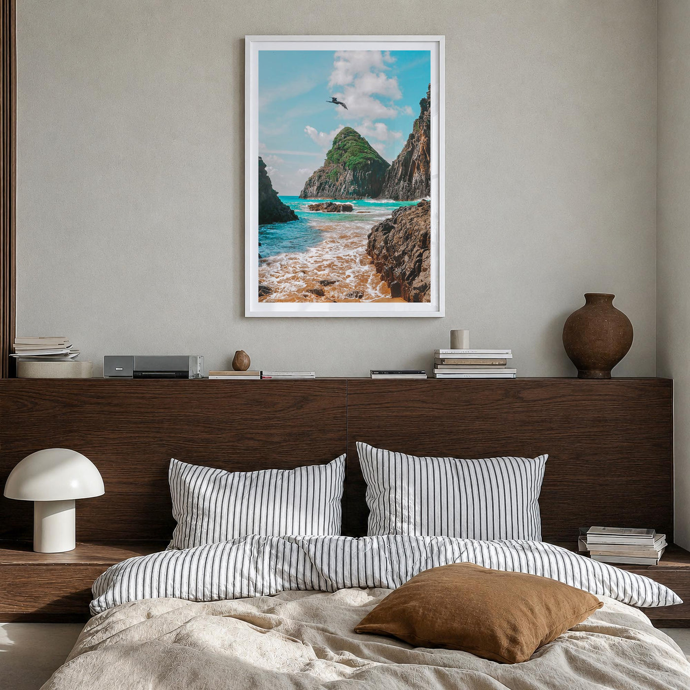Brazil colorful photo poster of South America – vertical wall art in white wood frame with white border, hanging on wall