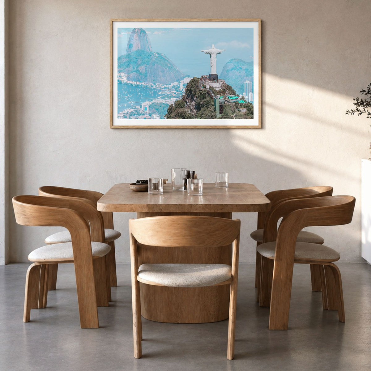 Brazil Photo Poster in a natural wood frame, hanging in a dining room, white border