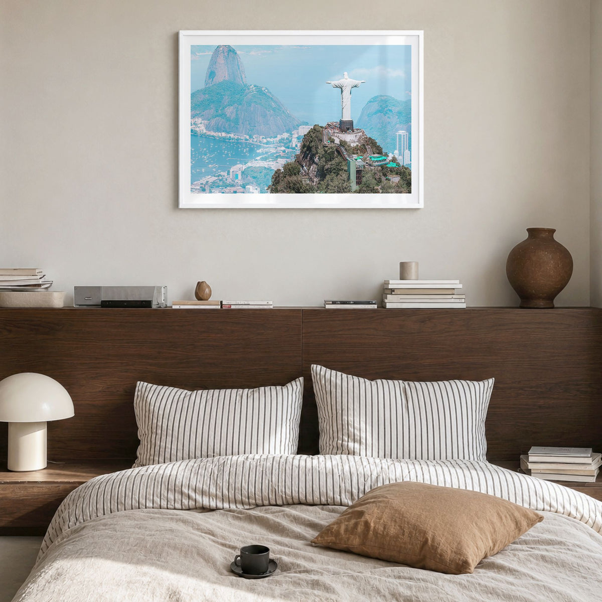 Brazil Photo Poster in a white wood frame, hanging in a bedroom, white border