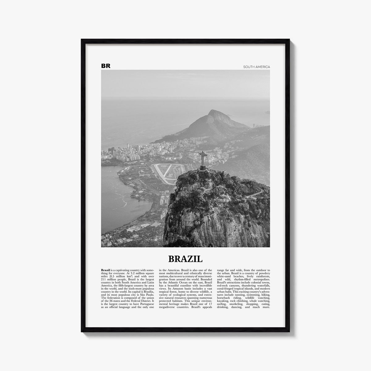 Brazil no. 1 black & white newspaper poster of South America – vertical wall art, unframed print shown in interior mockup