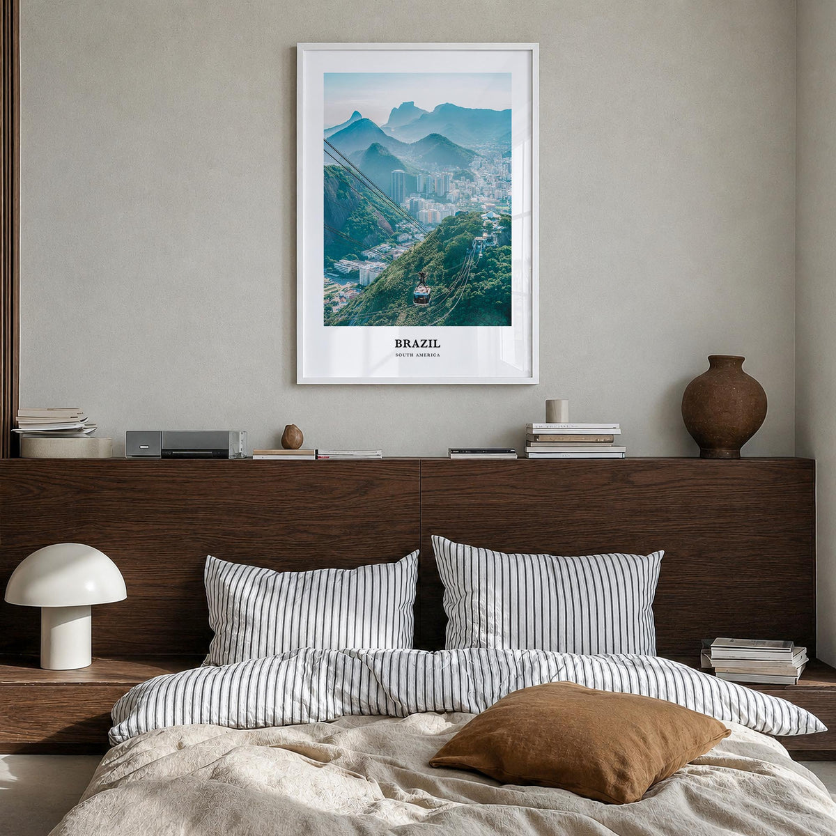 Brazil no. 1 colorful classic poster of South America – vertical wall art in white wood frame, hanging on wall