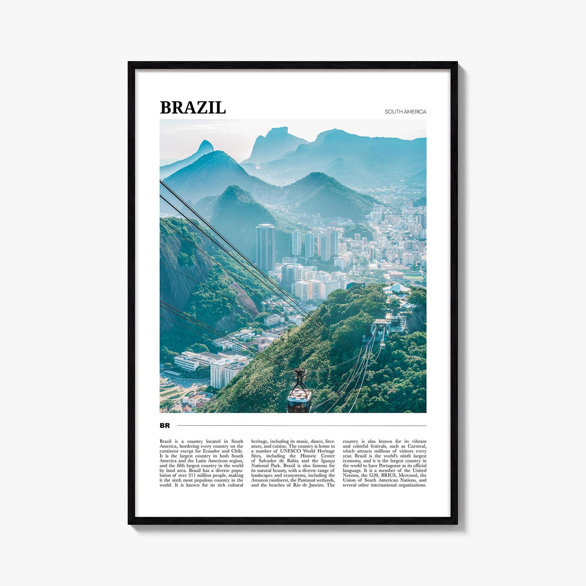 Brazil no. 1 colorful travel poster of South America – vertical wall art, unframed print shown in interior mockup