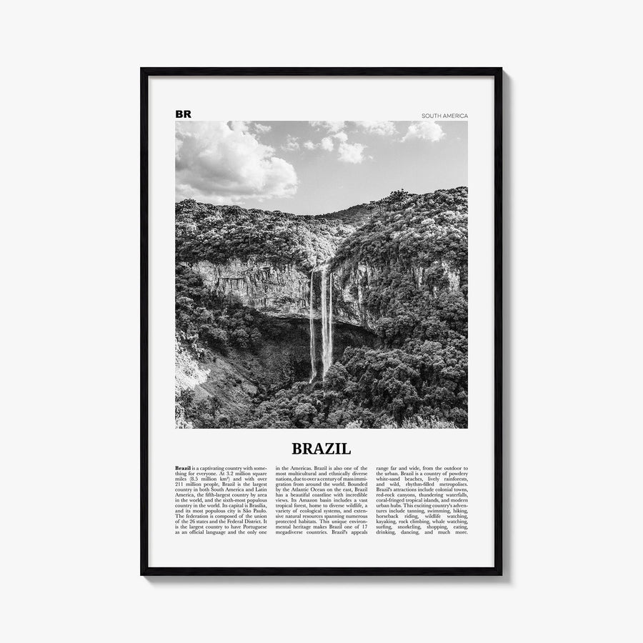 Brazil no. 2 black & white newspaper poster of South America – vertical wall art, unframed print shown in interior mockup