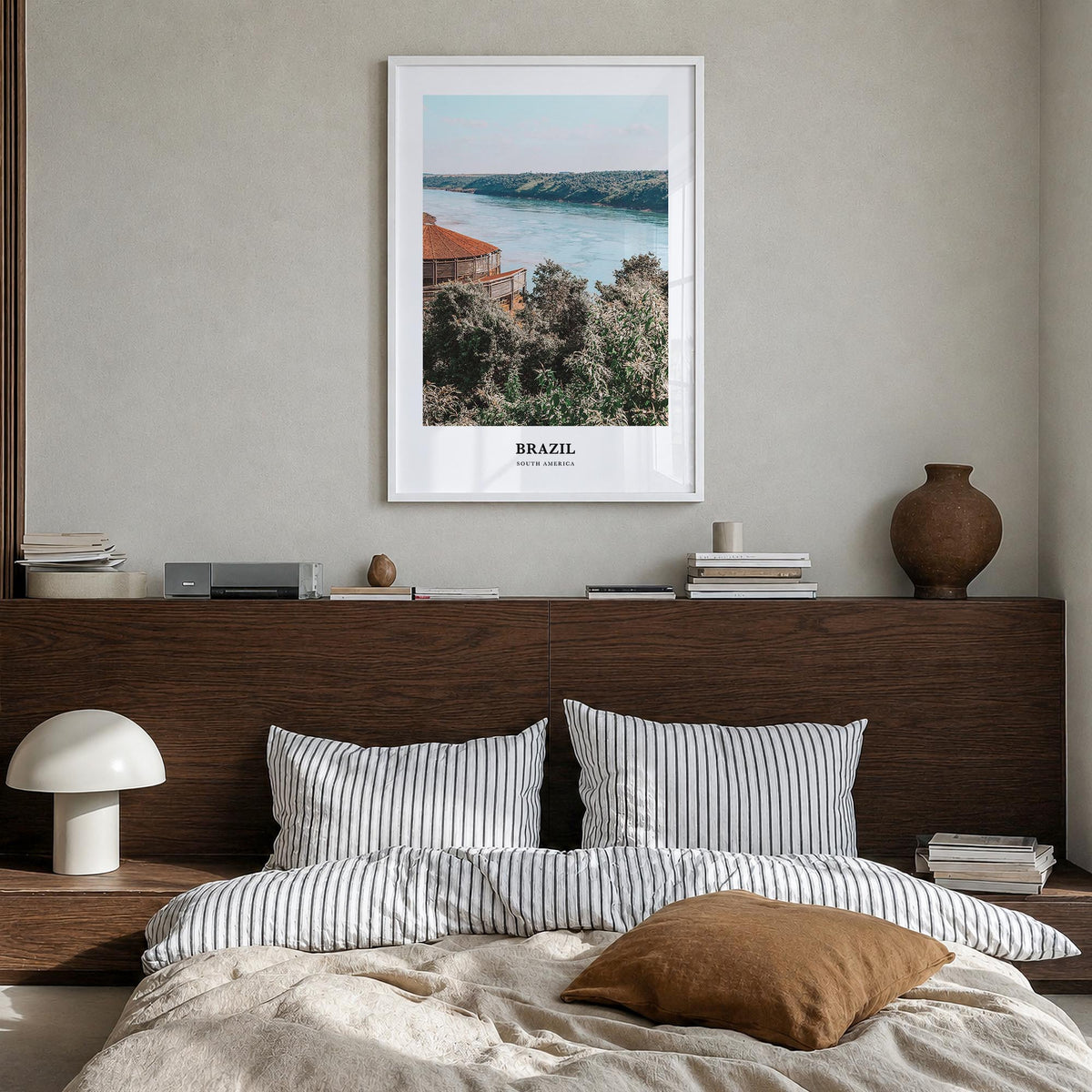 Brazil no. 2 colorful classic poster of South America – vertical wall art in white wood frame, hanging on wall