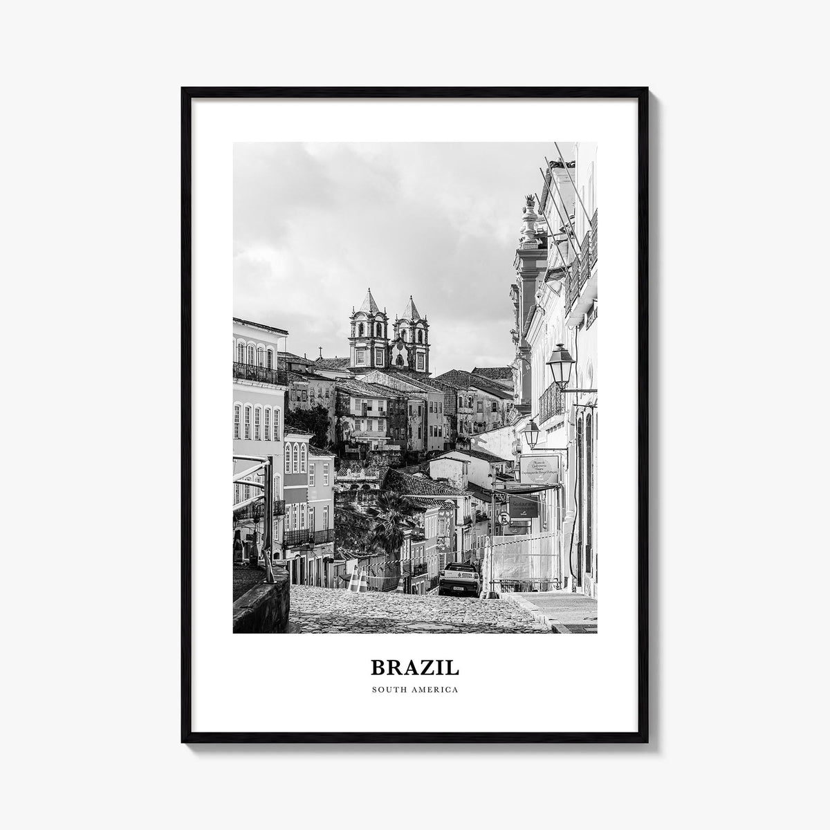 Brazil no. 3 black & white classic poster of South America – vertical wall art, unframed print shown in interior mockup