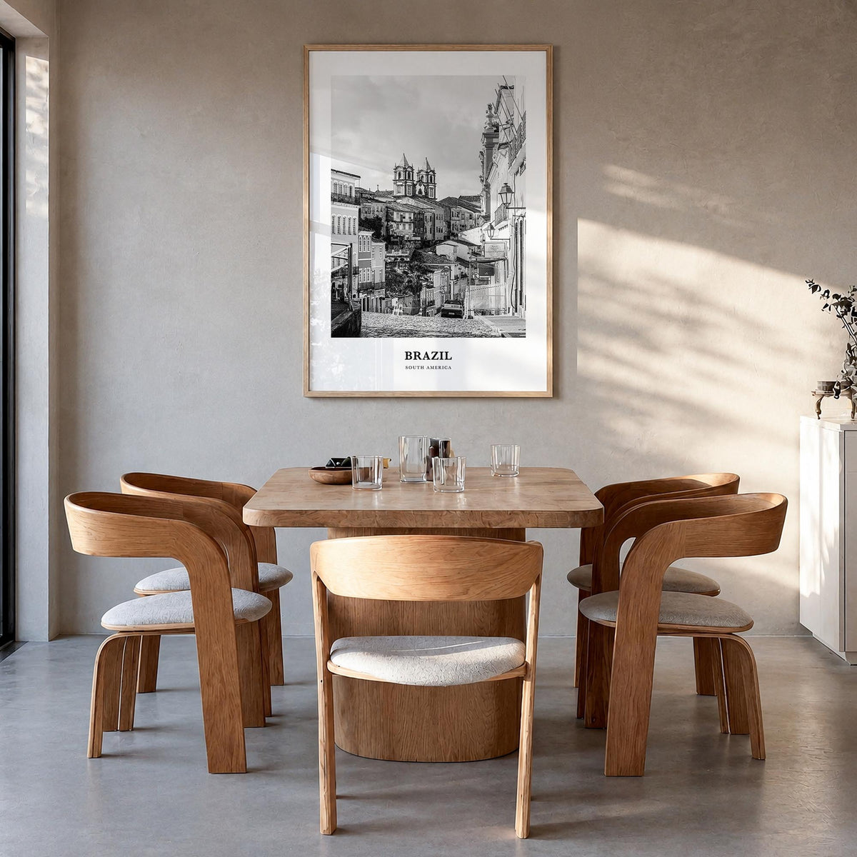 Brazil no. 3 black & white classic poster of South America – vertical wall art in natural wood frame, hanging on wall