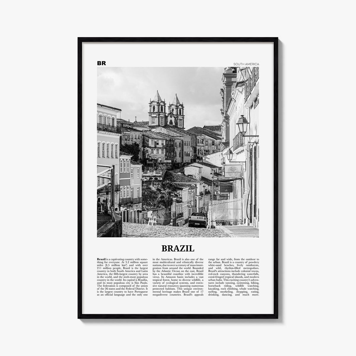 Brazil no. 3 black & white newspaper poster of South America – vertical wall art, unframed print shown in interior mockup