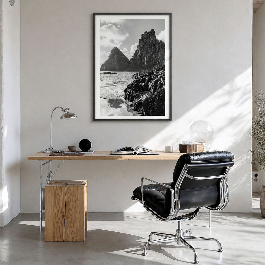 Brazil Photo Poster in a black wood frame, hanging in a bright home office, white border