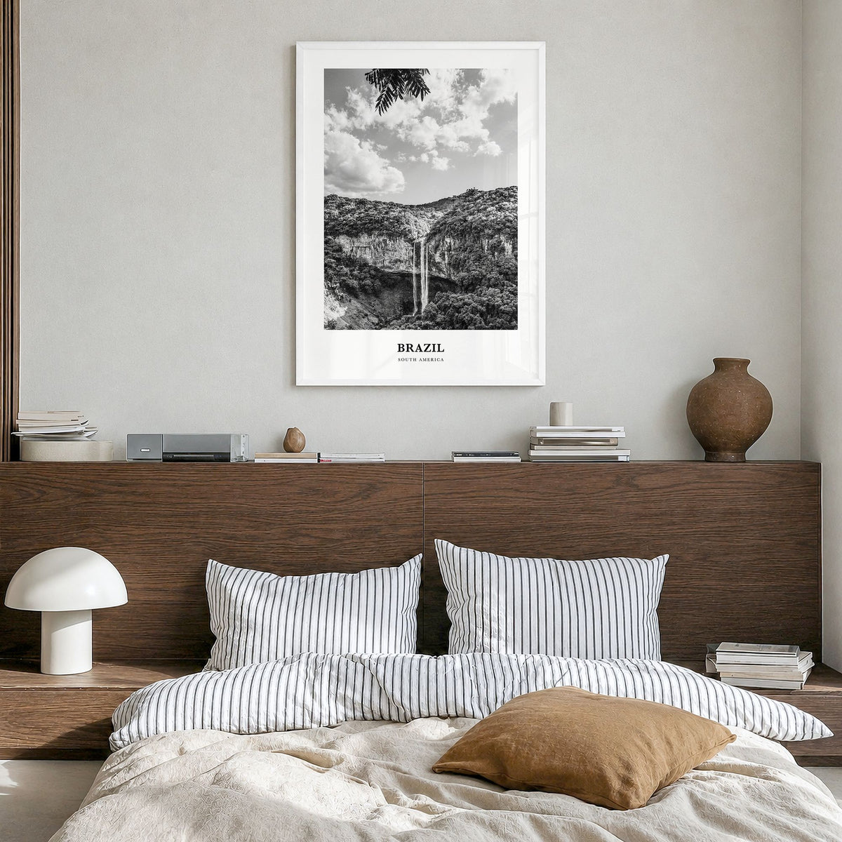 Brazil Classic No 1 Poster in a white wood frame, hanging in a bedroom