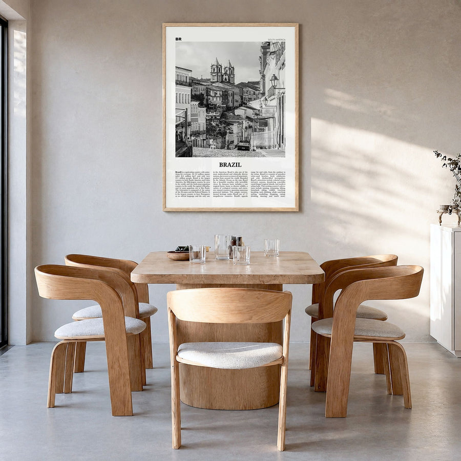 Brazil Newspaper No 3 Poster in a natural wood frame, hanging in a dining room