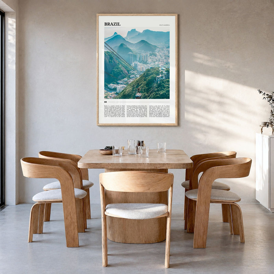Brazil Travel No 1 Poster in a natural wood frame, hanging in a dining room